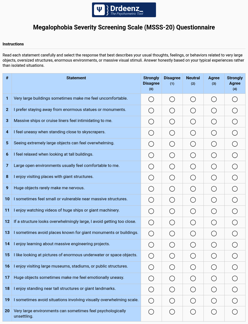 Megalophobia Severity Screening Scale (MSSS-20) Questionnaire PDF