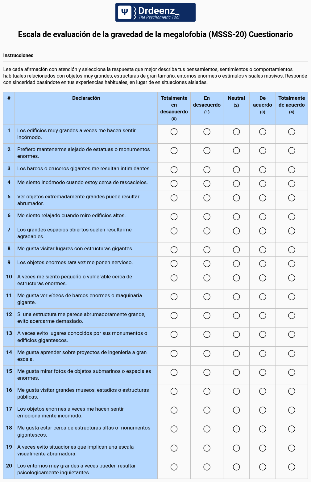 Escala de evaluación de la gravedad de la megalofobia (MSSS-20) Cuestionario en PDF