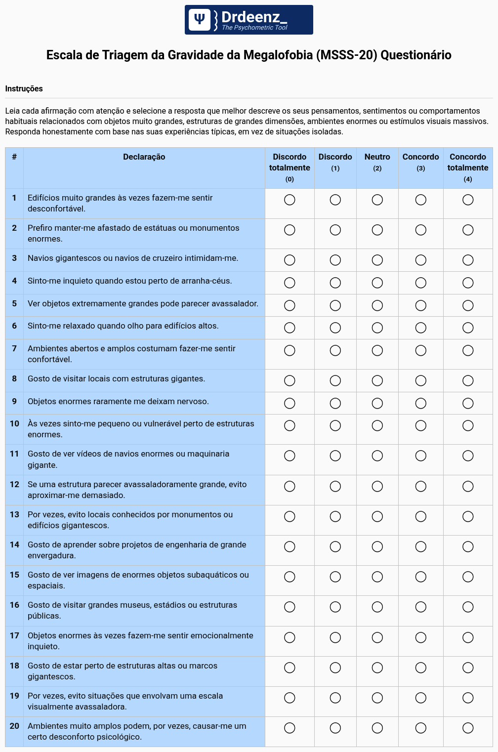 Escala de Triagem da Gravidade da Megalofobia (MSSS-20) Questionário em PDF