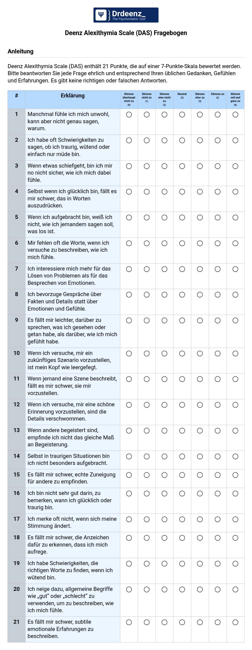 Deenz Alexithymia Scale (DAS) Fragebogen (PDF)