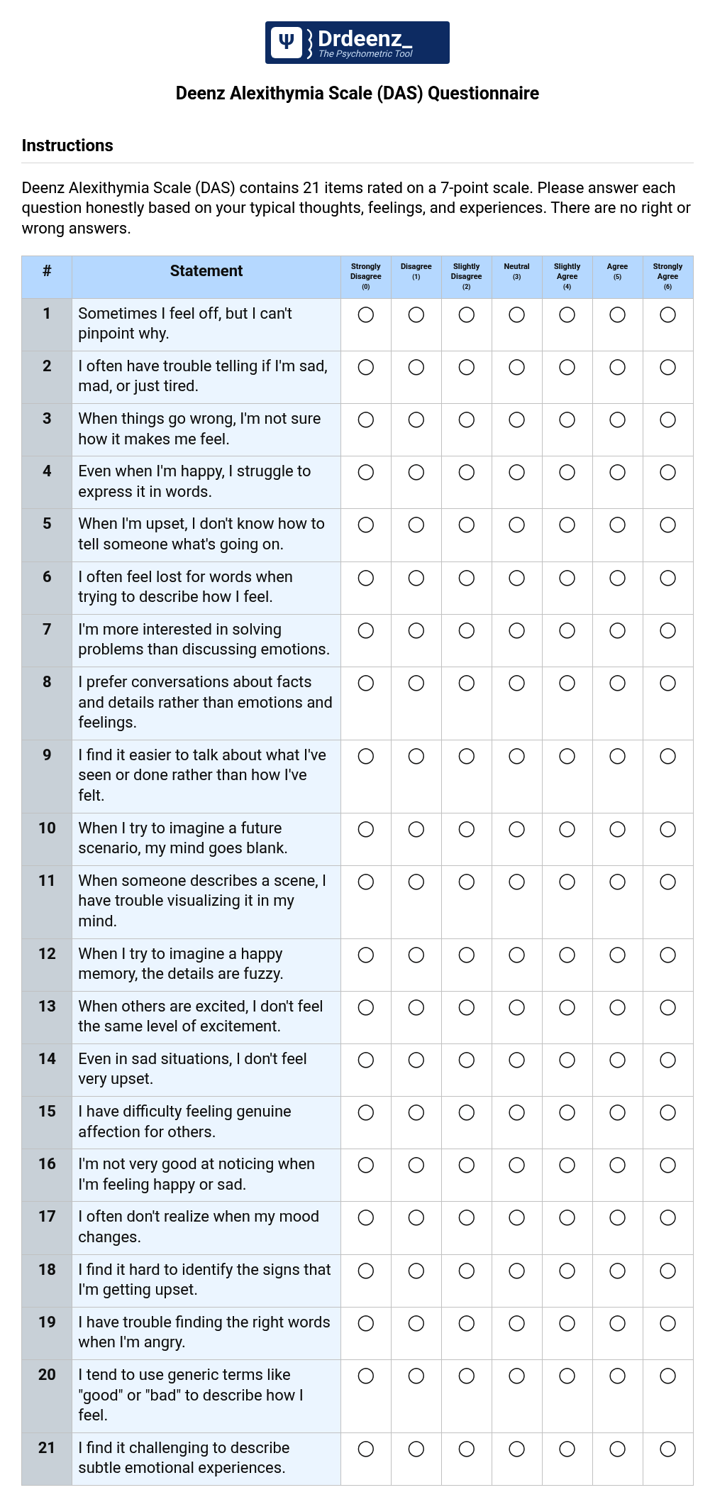 Deenz Alexithymia Scale (DAS) Questionnaire PDF