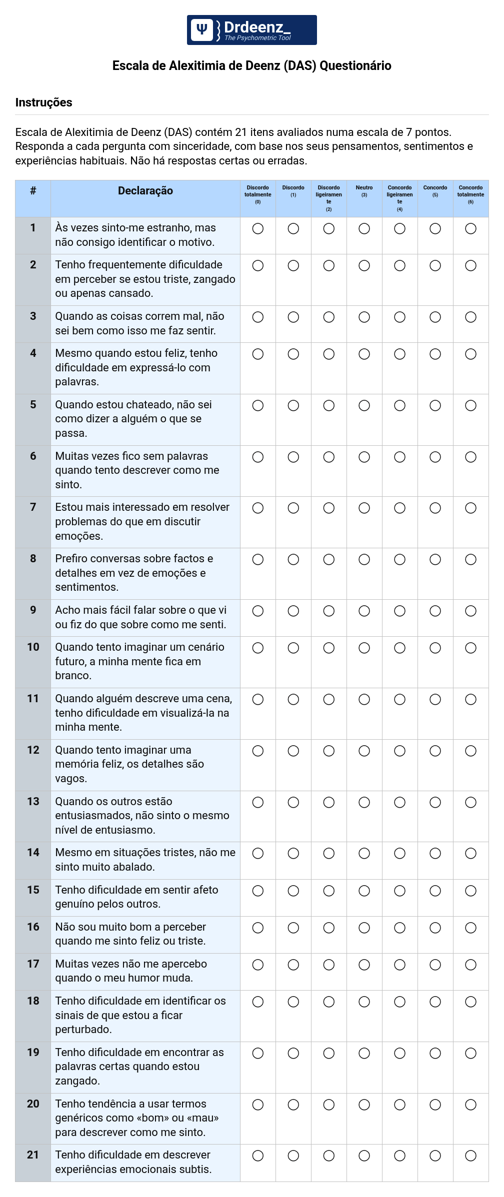 Escala de Alexitimia de Deenz (DAS) Questionário em PDF