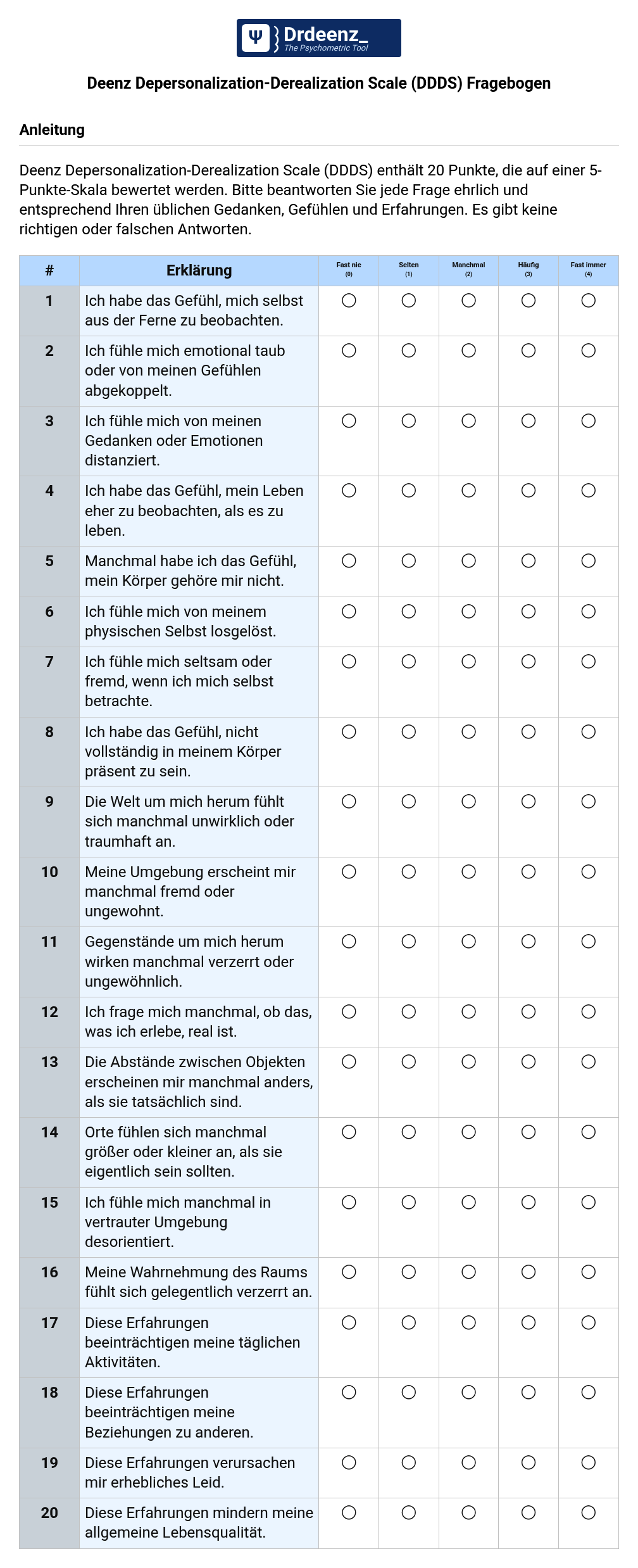 Deenz Depersonalization-Derealization Scale (DDDS) Fragebogen (PDF)