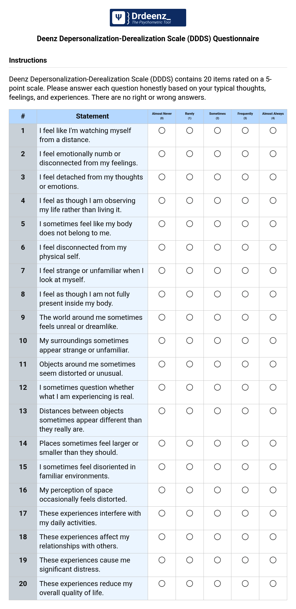 Deenz Depersonalization-Derealization Scale (DDDS) Questionnaire PDF
