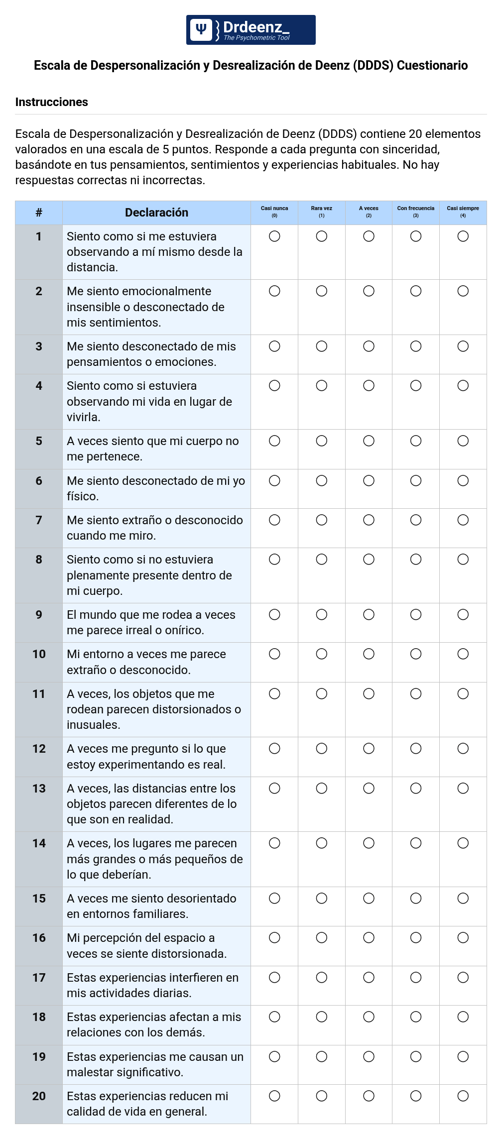 Escala de Despersonalización y Desrealización de Deenz (DDDS) Cuestionario en PDF