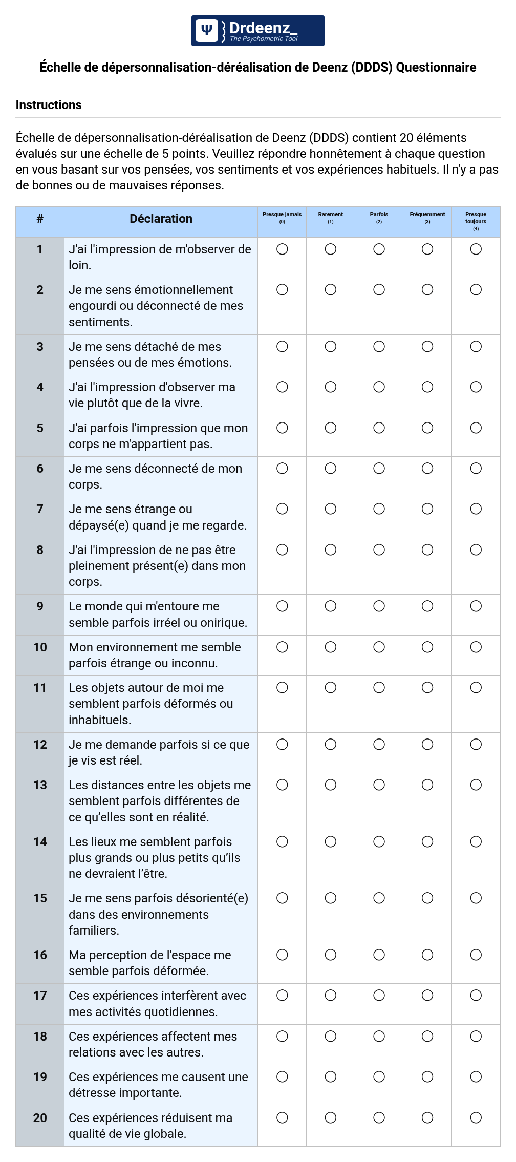 Échelle de dépersonnalisation-déréalisation de Deenz (DDDS) Questionnaire au format PDF