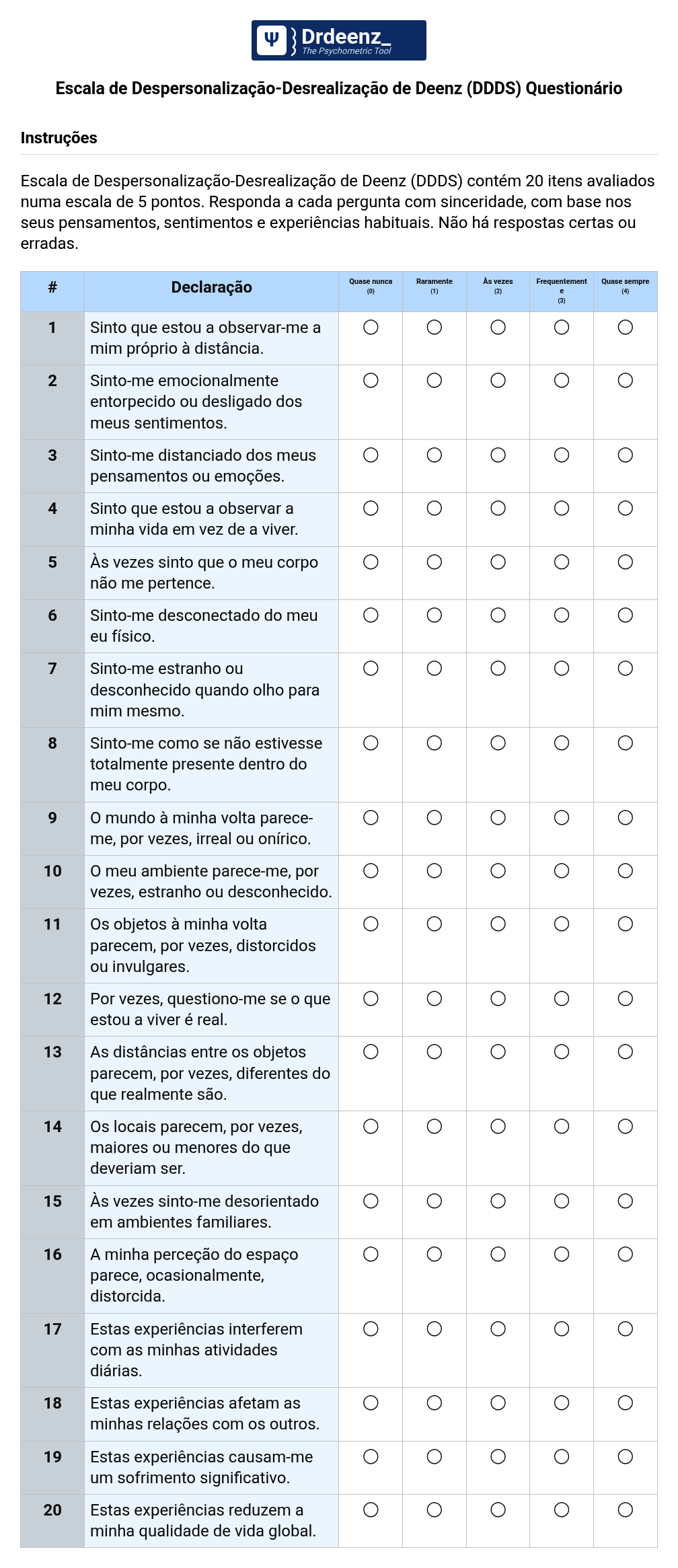 Escala de Despersonalização-Desrealização de Deenz (DDDS) Questionário em PDF