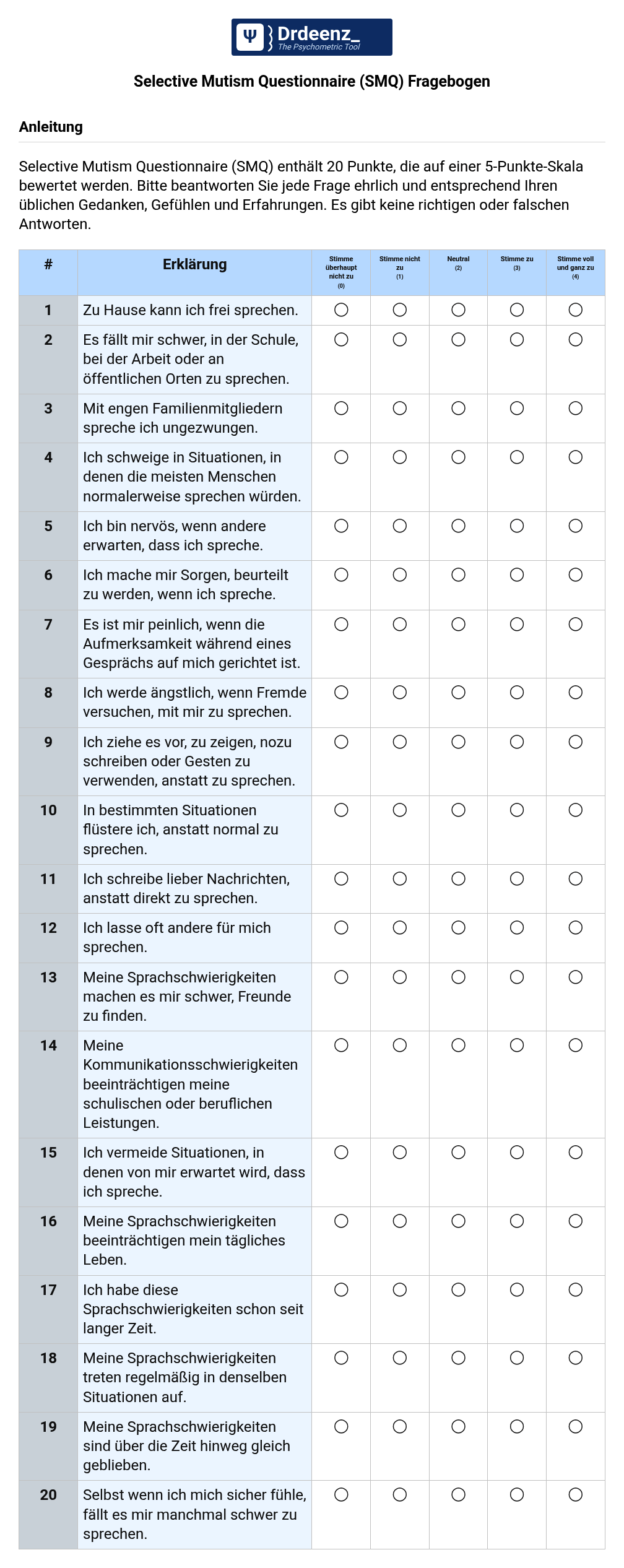Selective Mutism Questionnaire (SMQ) Fragebogen (PDF)