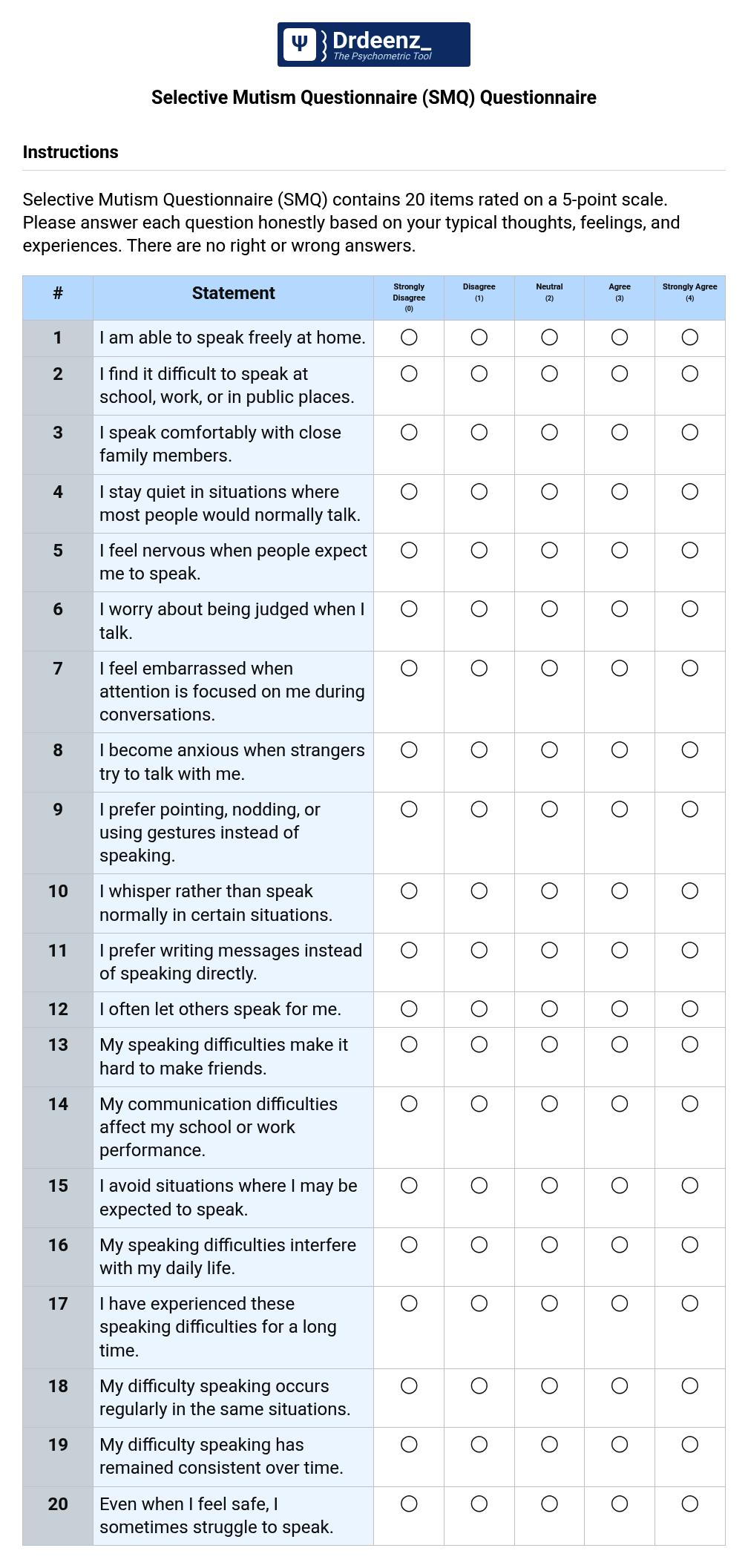 Selective Mutism Questionnaire (SMQ) Questionnaire PDF