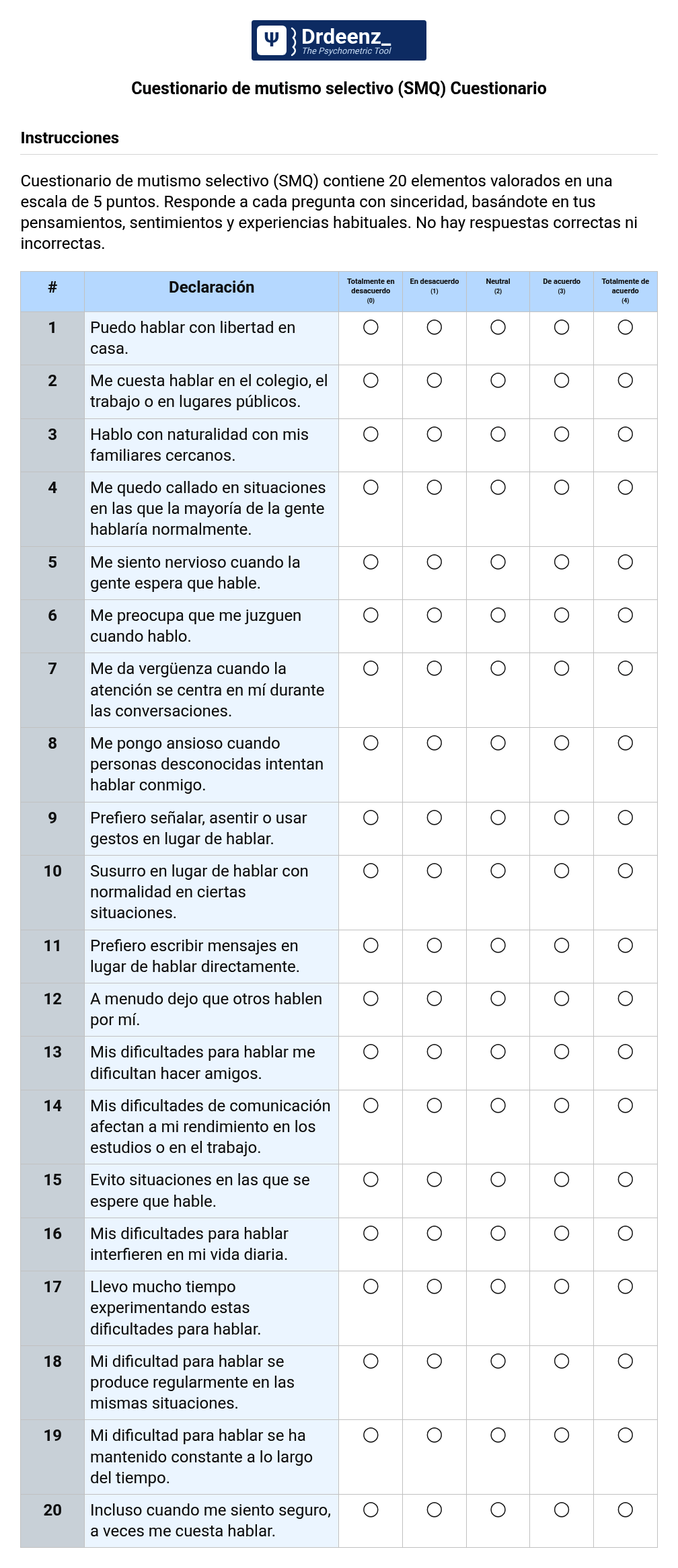 Cuestionario de mutismo selectivo (SMQ) Cuestionario en PDF