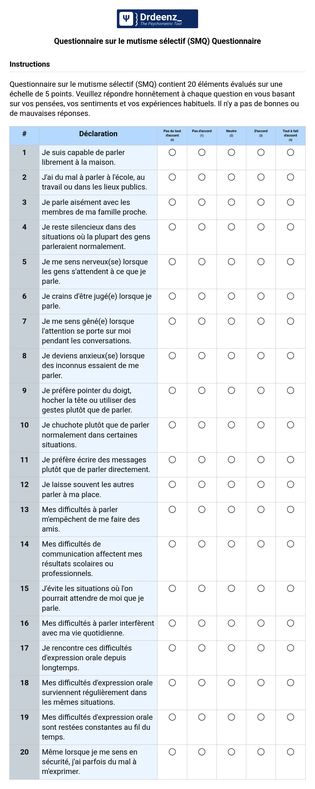 Questionnaire sur le mutisme sélectif (SMQ) Questionnaire au format PDF