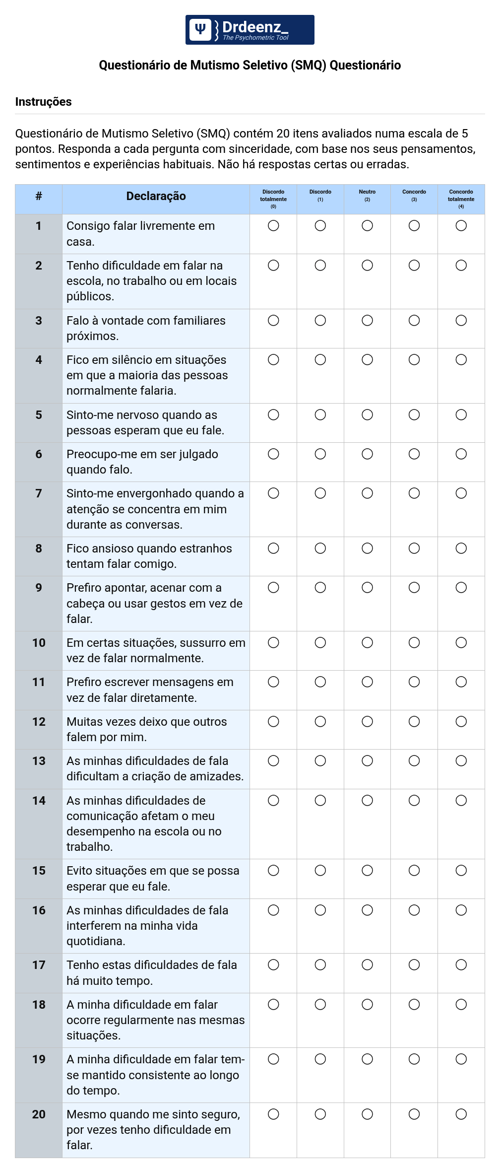 Questionário de Mutismo Seletivo (SMQ) Questionário em PDF