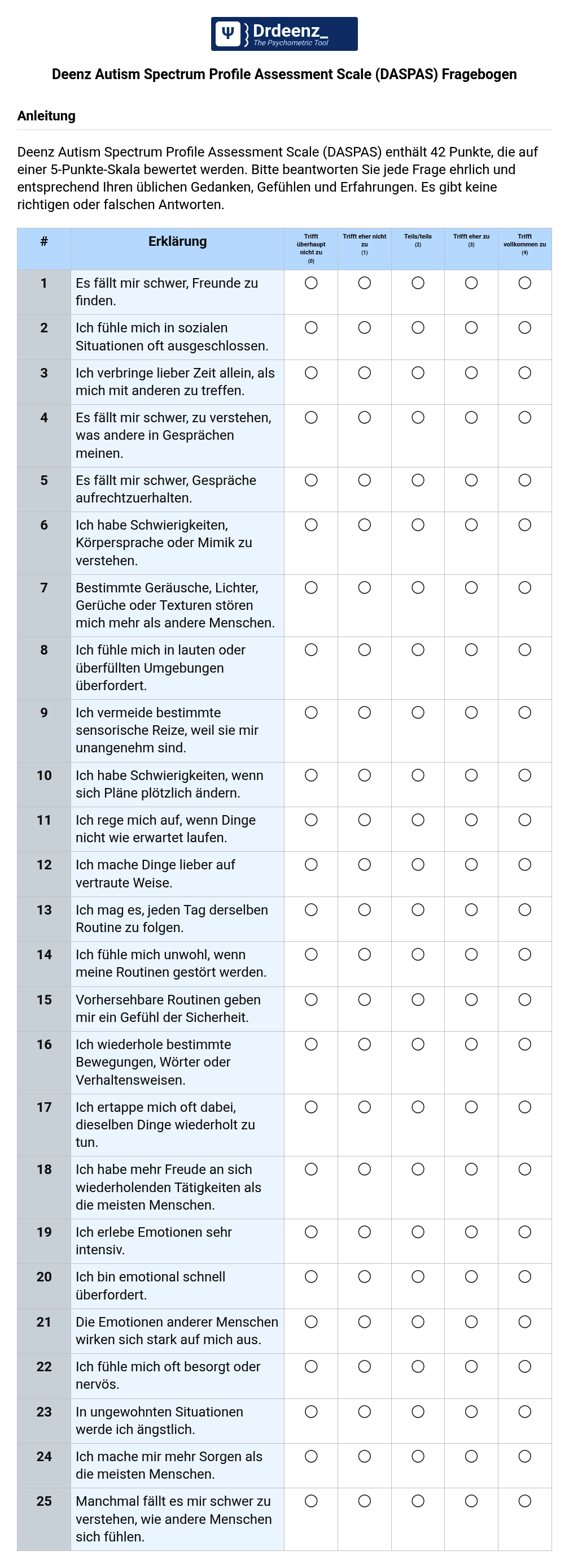 Deenz Autism Spectrum Profile Assessment Scale (DASPAS) Fragebogen (PDF)
