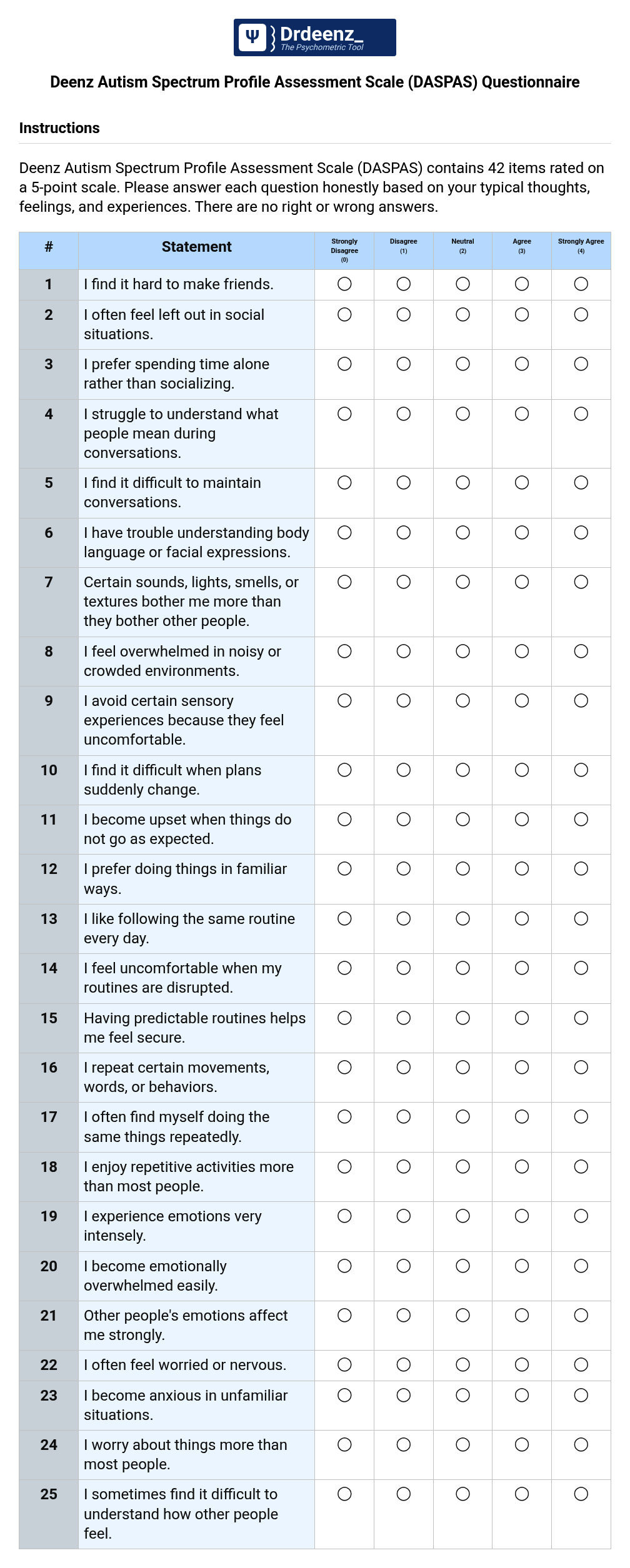 Deenz Autism Spectrum Profile Assessment Scale (DASPAS) Questionnaire PDF