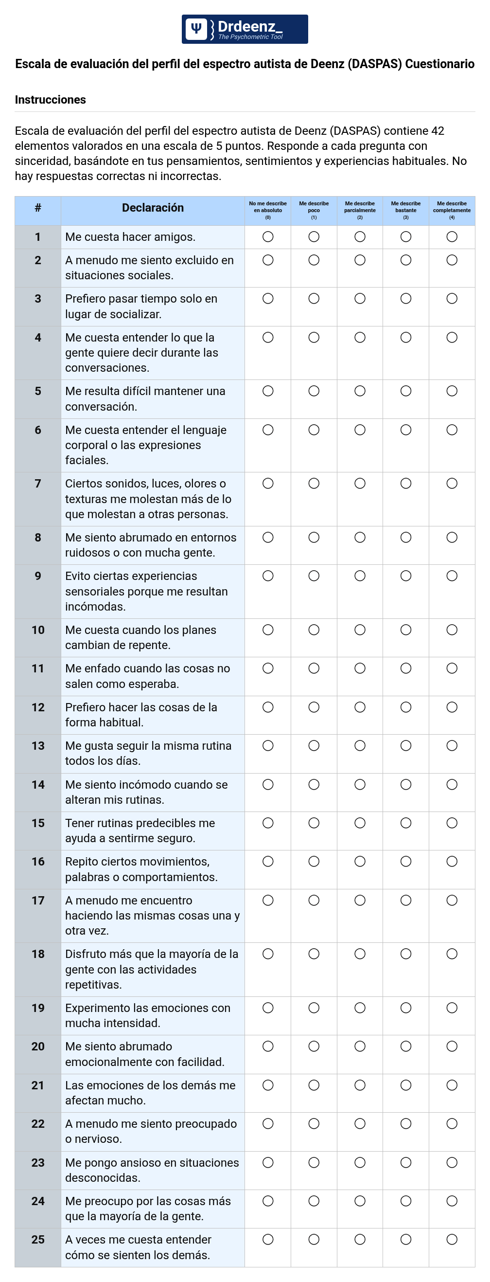 Escala de evaluación del perfil del espectro autista de Deenz (DASPAS) Cuestionario en PDF