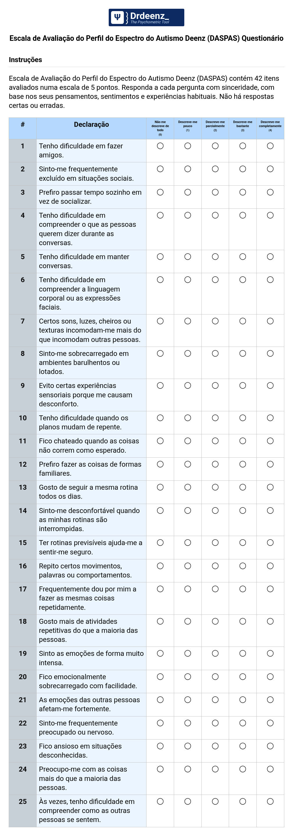 Escala de Avaliação do Perfil do Espectro do Autismo Deenz (DASPAS) Questionário em PDF