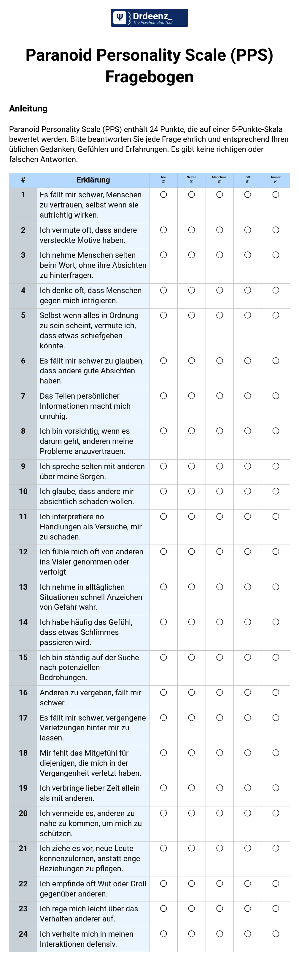 Paranoid Personality Scale (PPS) Fragebogen (PDF)