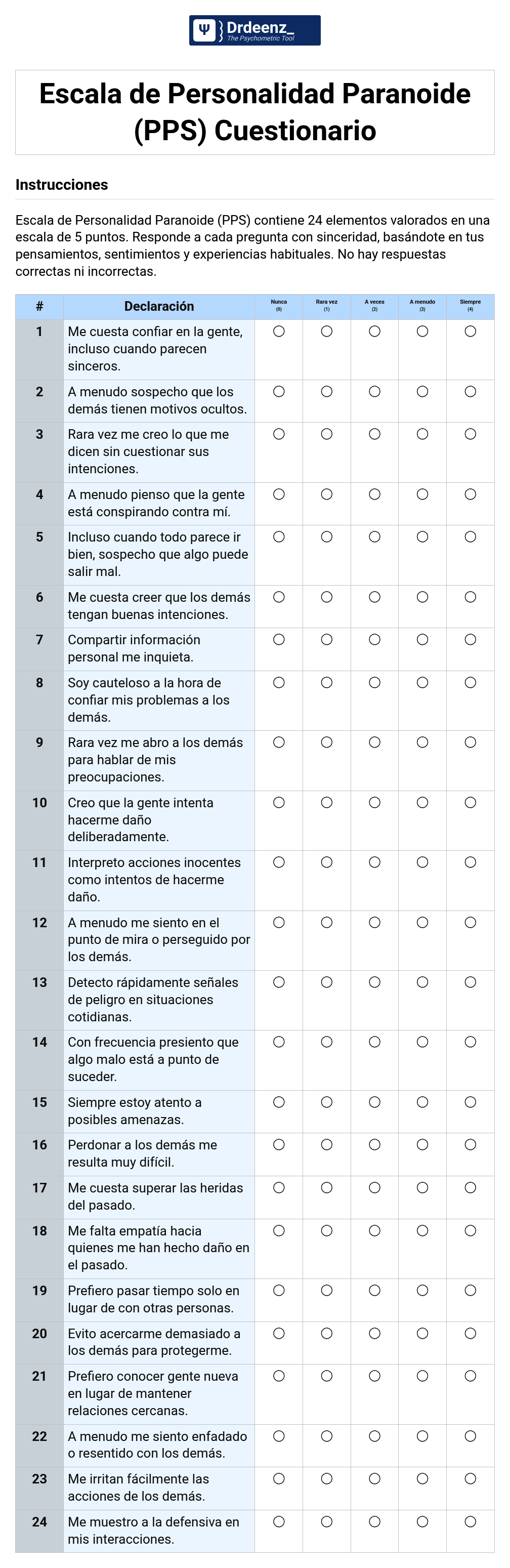 Escala de Personalidad Paranoide (PPS) Cuestionario en PDF