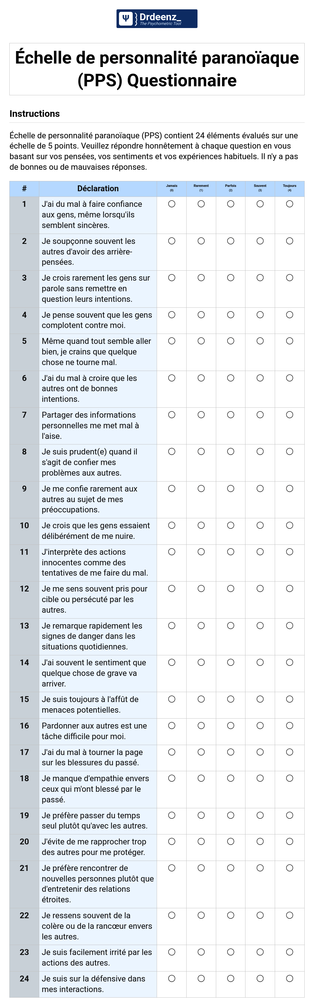 Échelle de personnalité paranoïaque (PPS) Questionnaire au format PDF