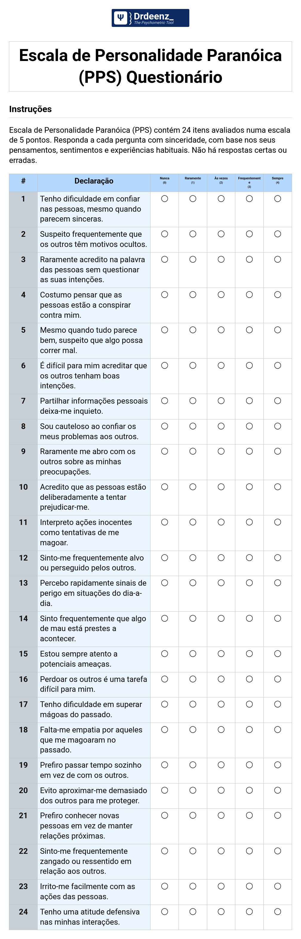 Escala de Personalidade Paranóica (PPS) Questionário em PDF