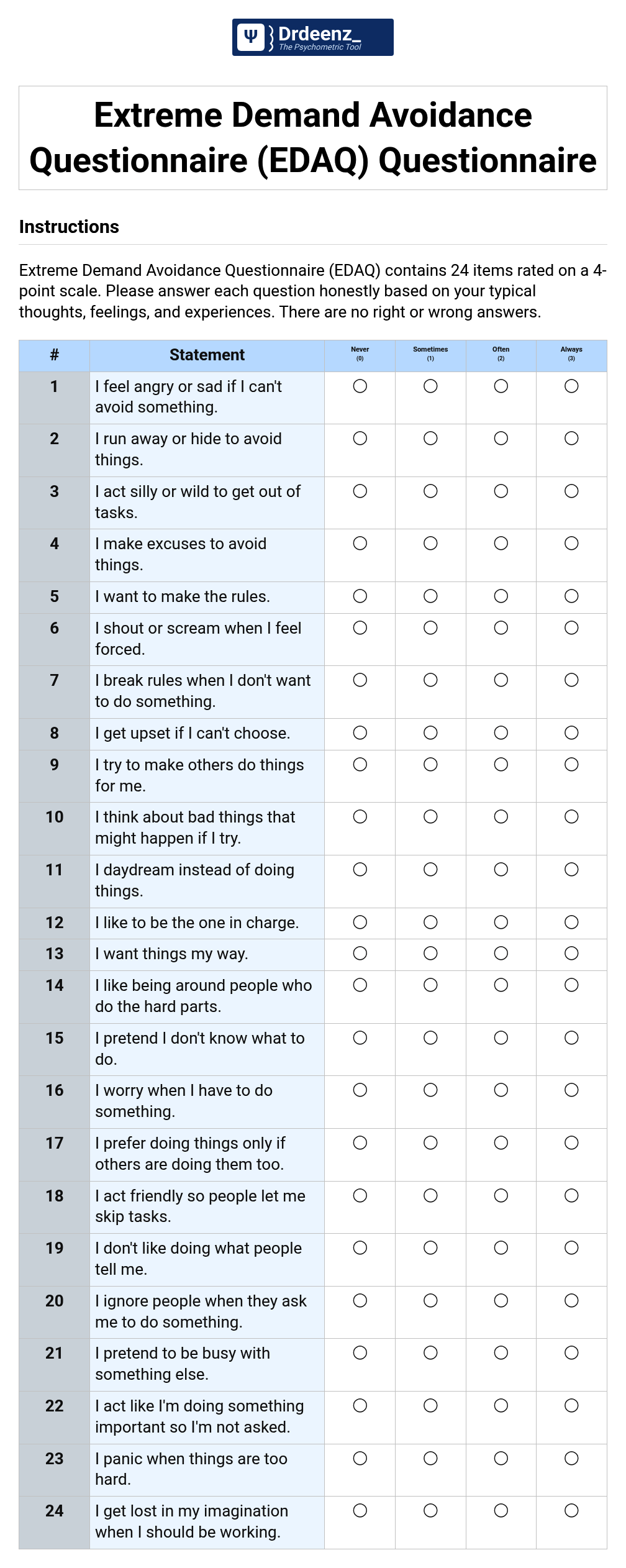 Extreme Demand Avoidance Questionnaire (EDAQ) Questionnaire PDF