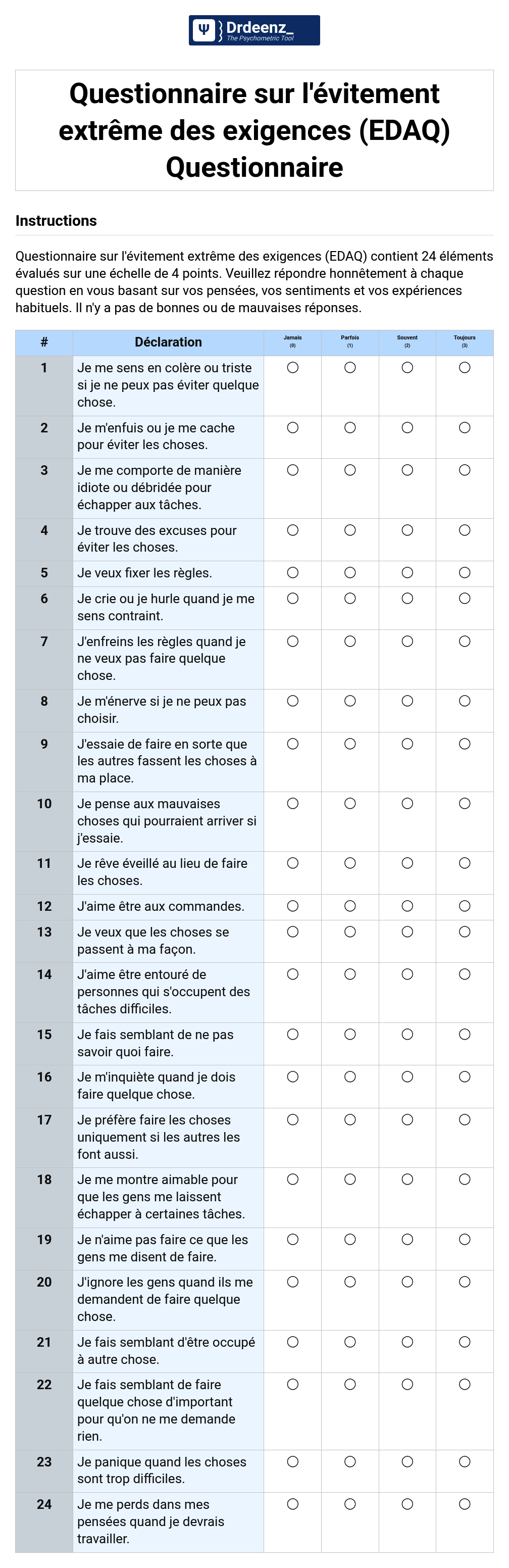 Questionnaire sur l'évitement extrême des exigences (EDAQ) Questionnaire au format PDF