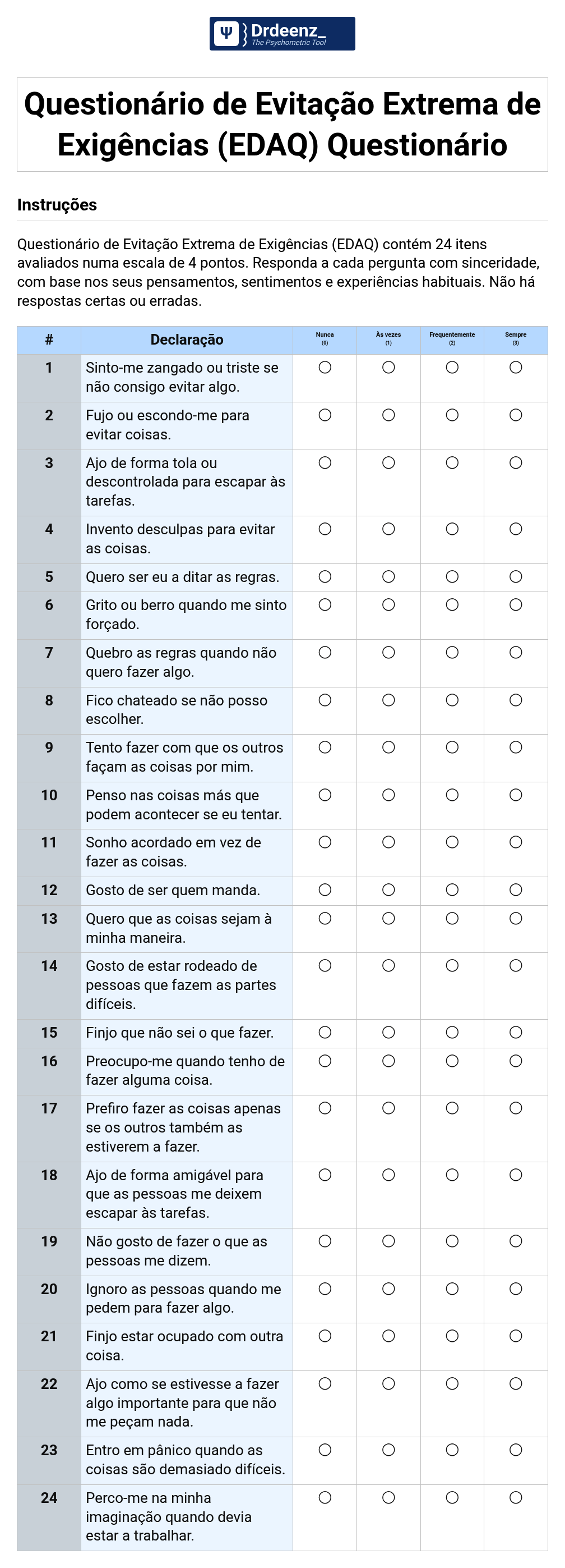 Questionário de Evitação Extrema de Exigências (EDAQ) Questionário em PDF
