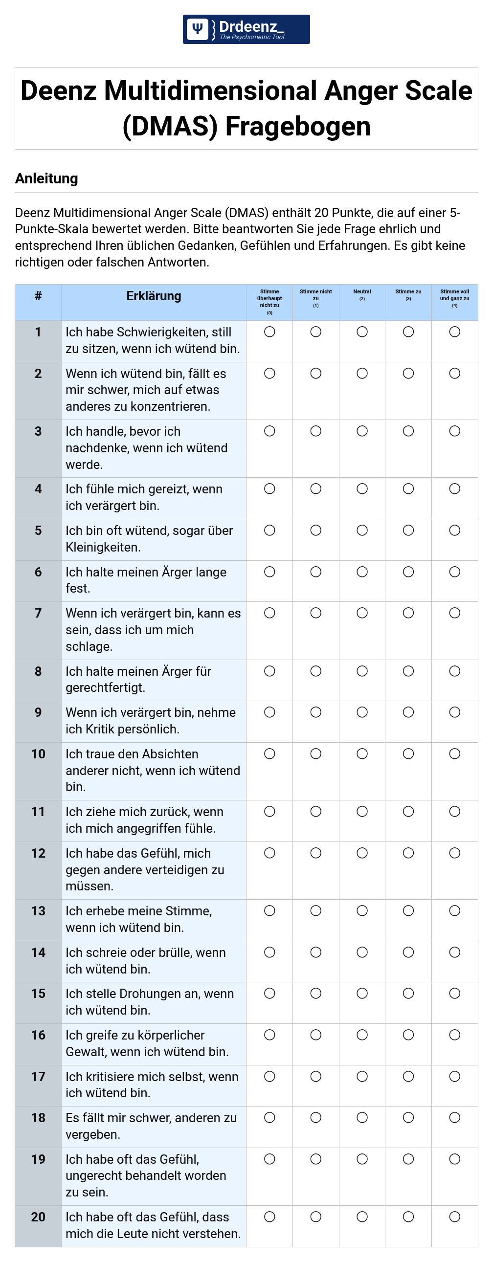 Deenz Multidimensional Anger Scale (DMAS) Fragebogen (PDF)