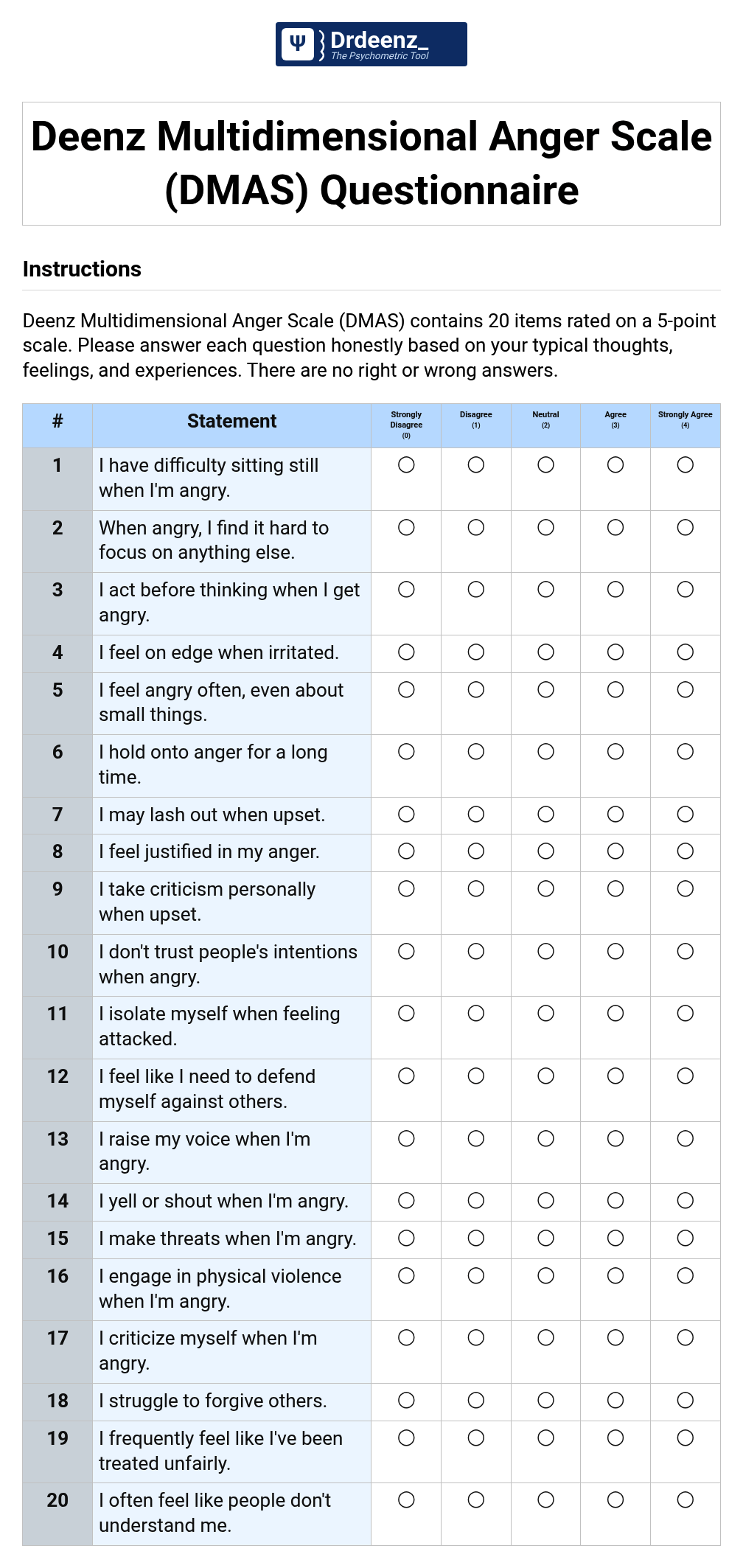 Deenz Multidimensional Anger Scale (DMAS) Questionnaire PDF