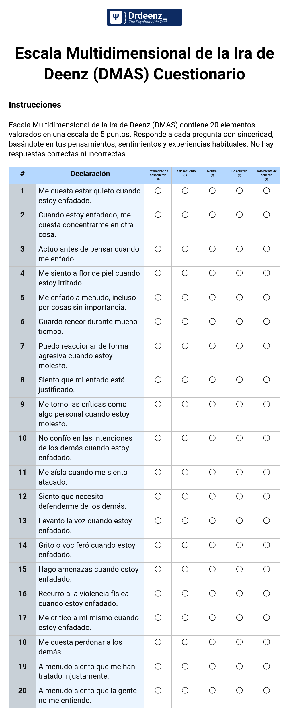 Escala Multidimensional de la Ira de Deenz (DMAS) Cuestionario en PDF