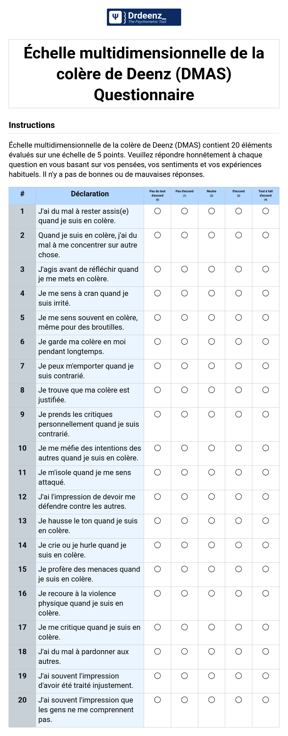 Échelle multidimensionnelle de la colère de Deenz (DMAS) Questionnaire au format PDF