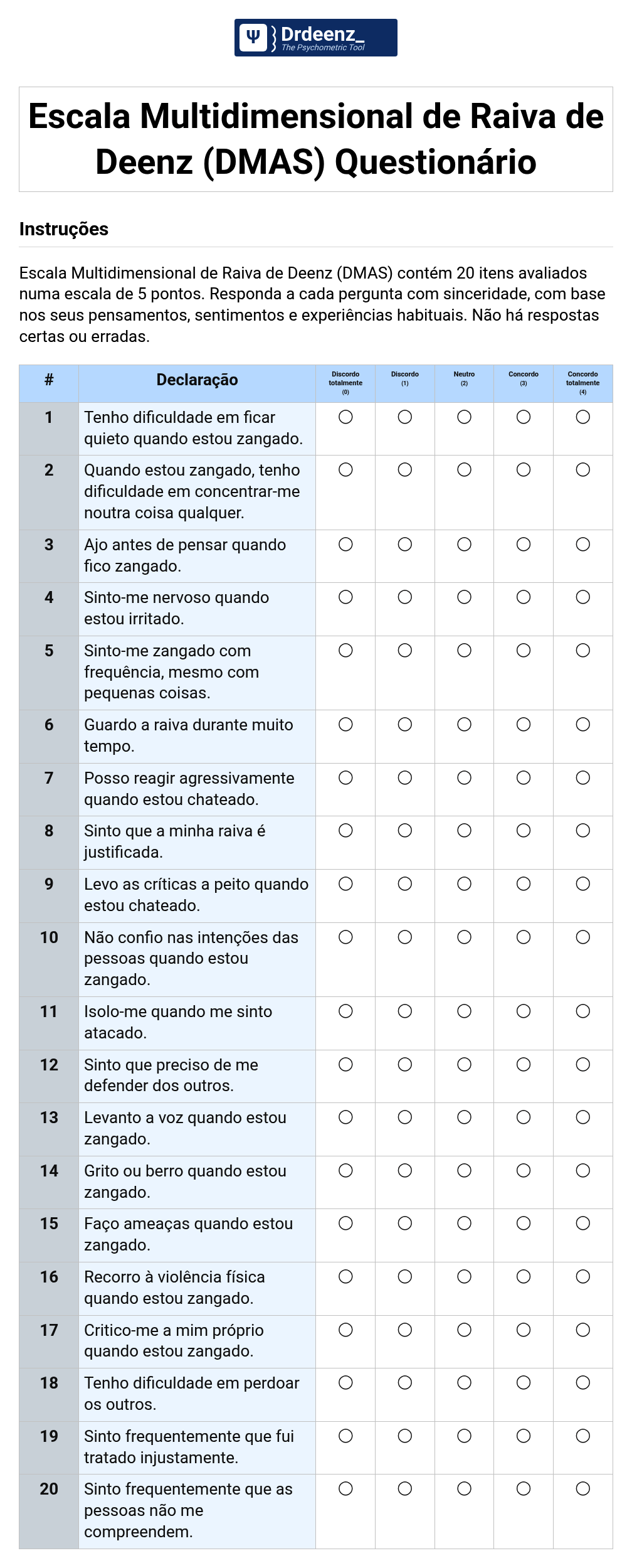 Escala Multidimensional de Raiva de Deenz (DMAS) Questionário em PDF