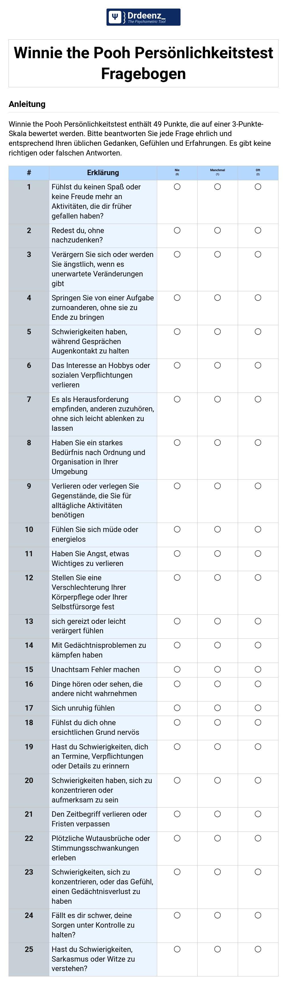 Winnie the Pooh Persönlichkeitstest Fragebogen (PDF)