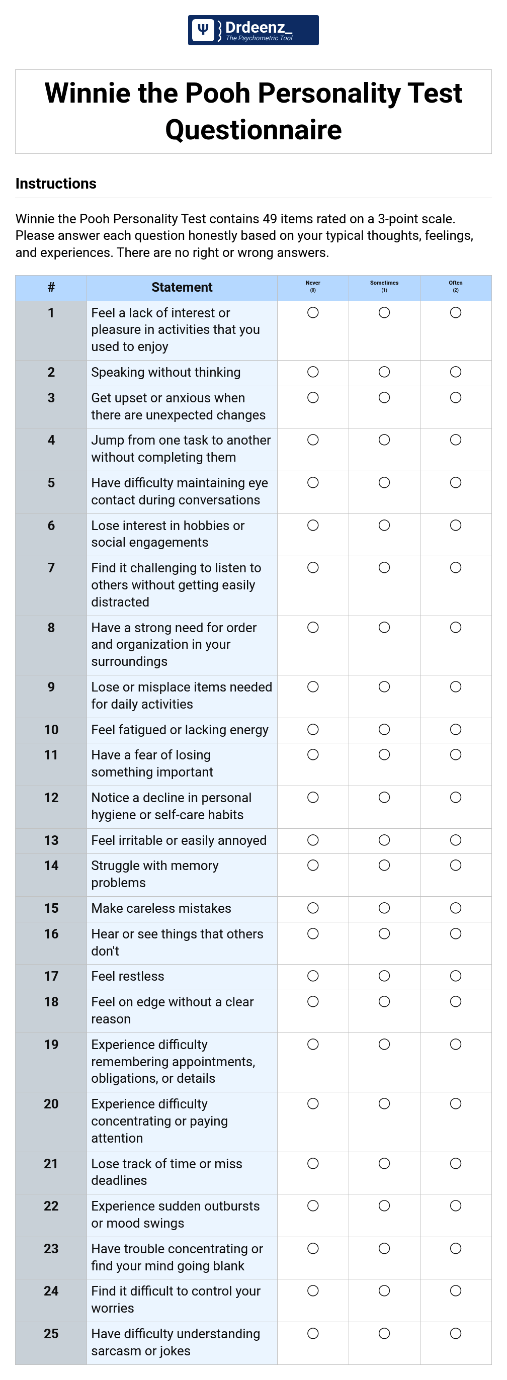 Winnie the Pooh Personality Test Questionnaire PDF