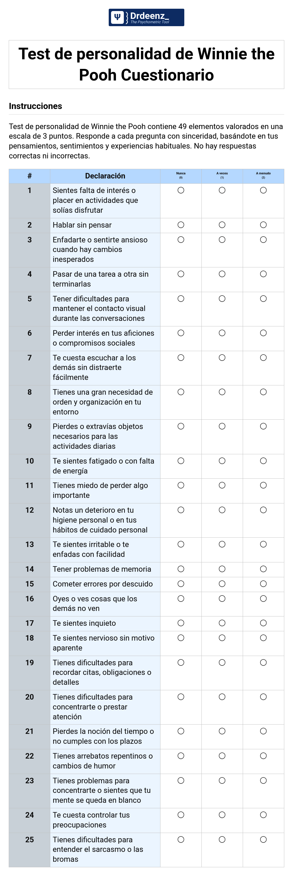 Test de personalidad de Winnie the Pooh Cuestionario en PDF