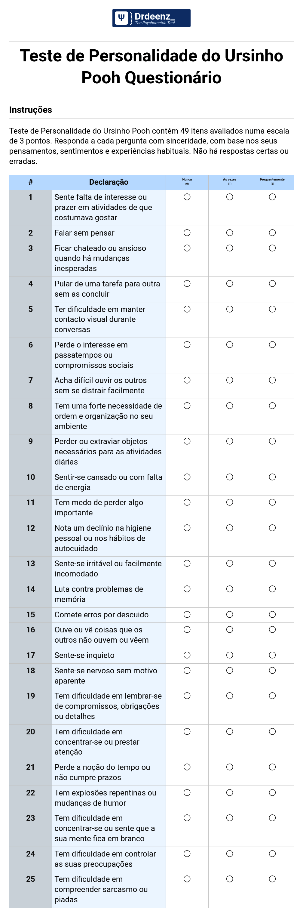 Teste de Personalidade do Ursinho Pooh Questionário em PDF