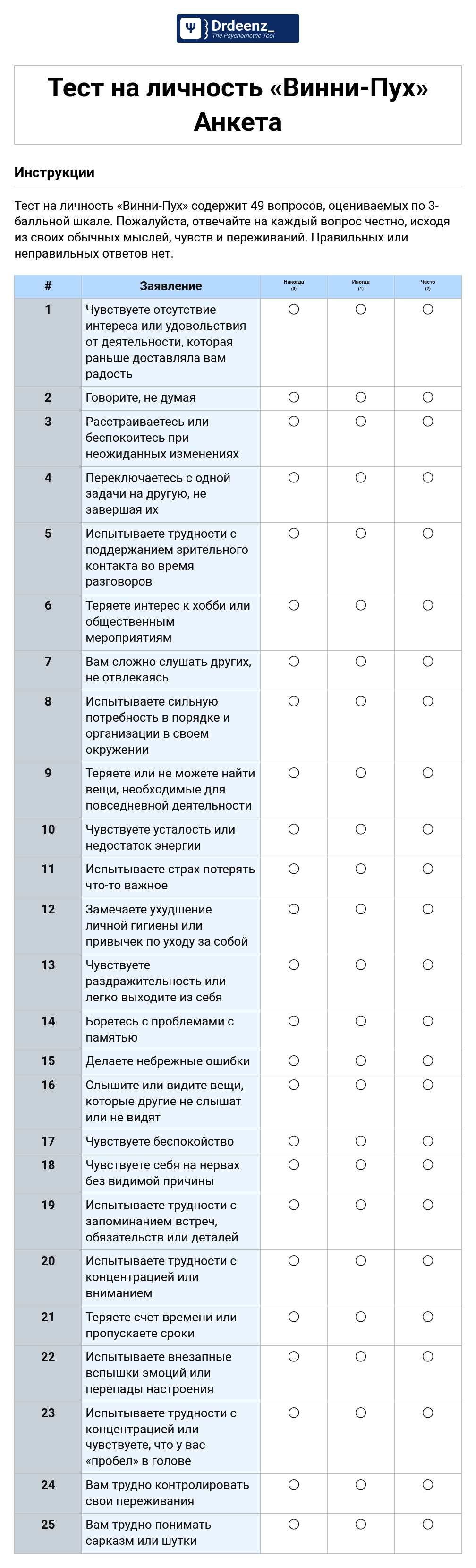 Тест на личность «Винни-Пух» Анкета в формате PDF