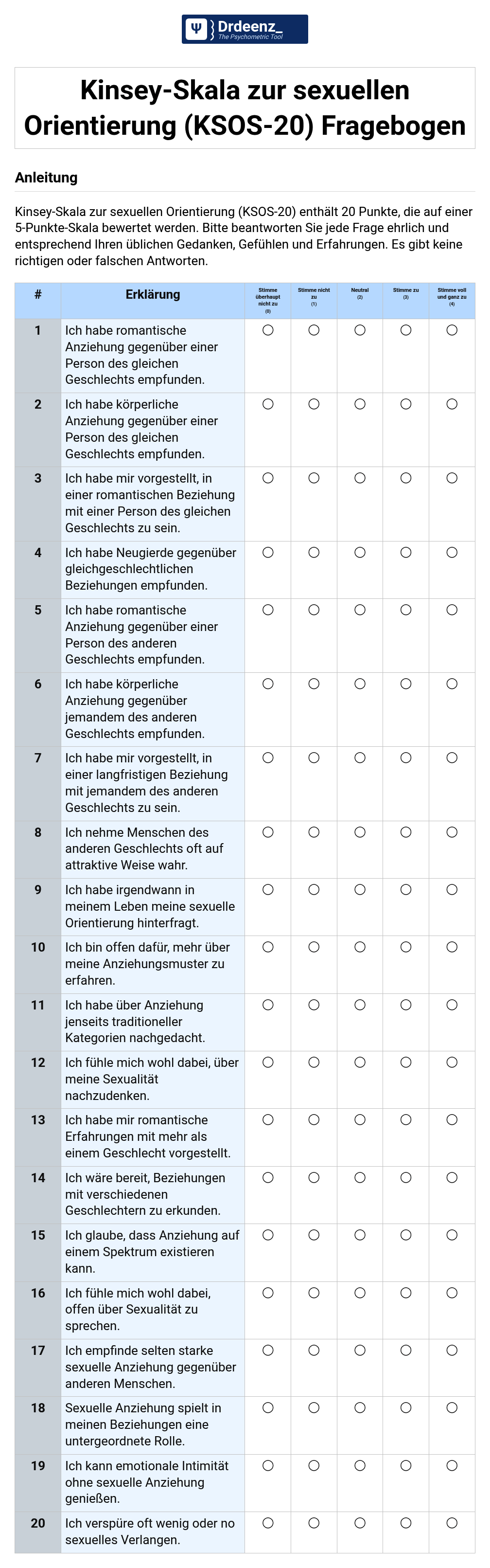 Kinsey-Skala zur sexuellen Orientierung (KSOS-20) Fragebogen (PDF)