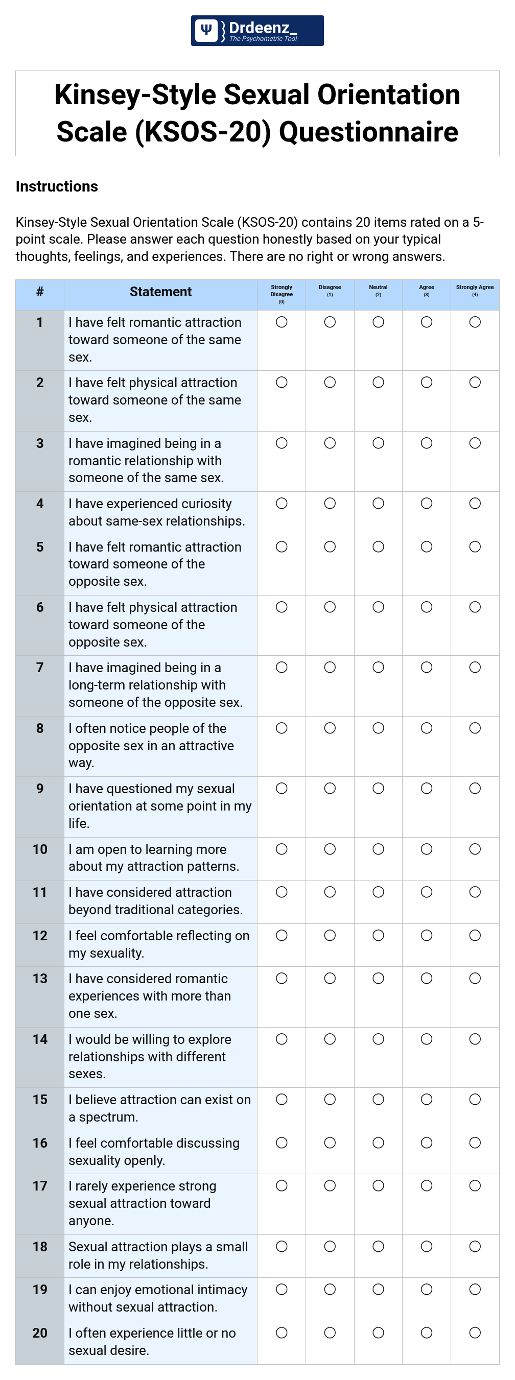 Kinsey-Style Sexual Orientation Scale (KSOS-20) Questionnaire PDF