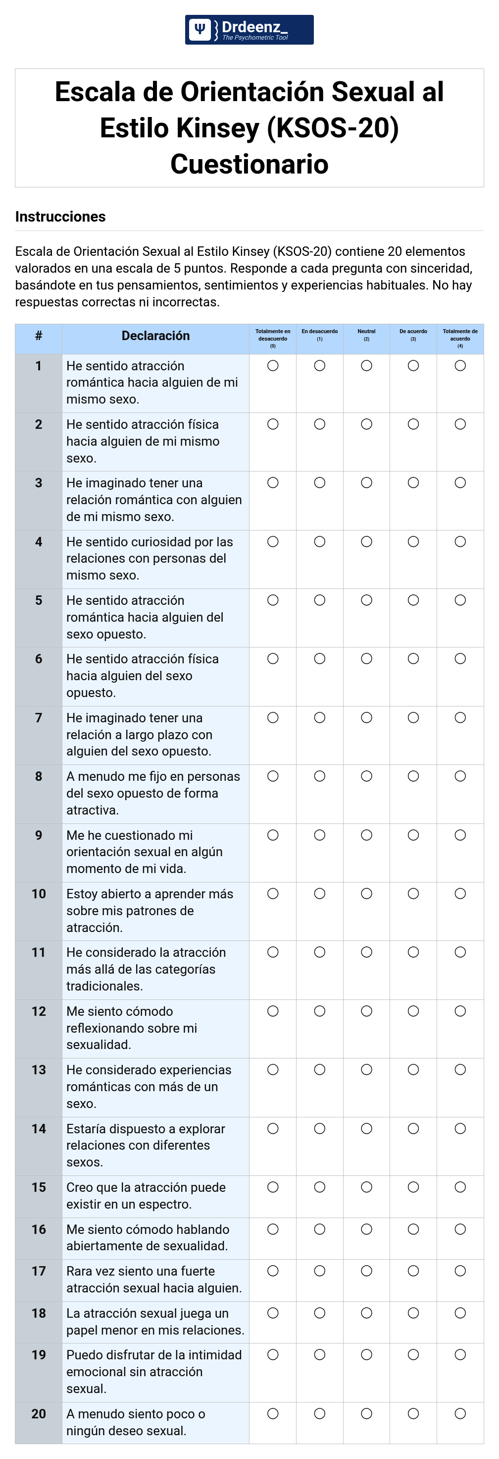 Escala de Orientación Sexual al Estilo Kinsey (KSOS-20) Cuestionario en PDF