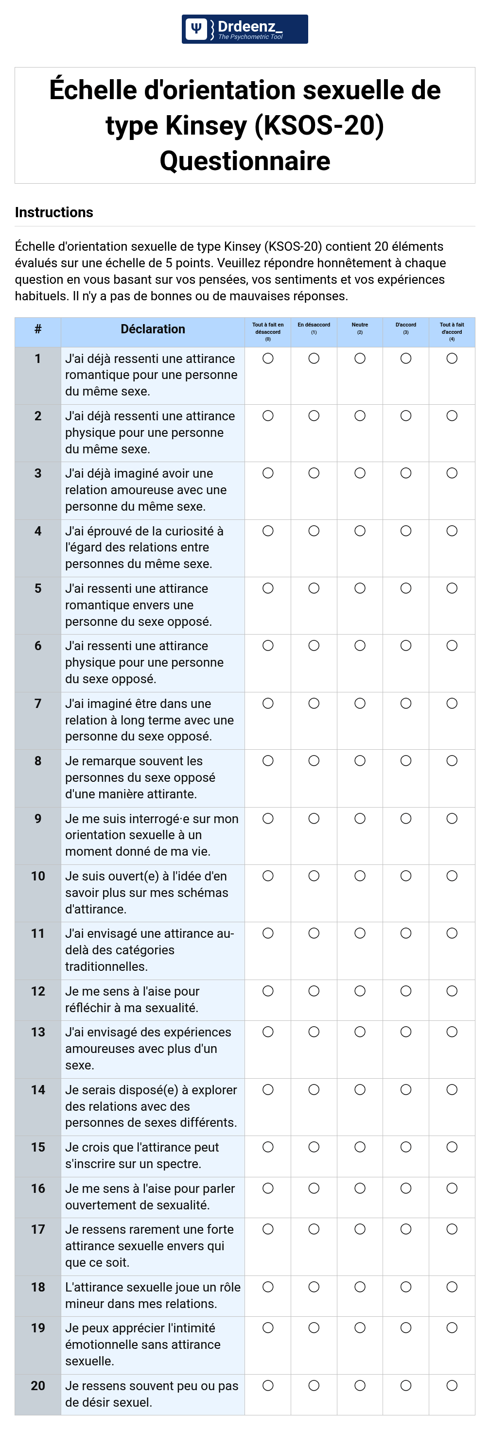 Échelle d'orientation sexuelle de type Kinsey (KSOS-20) Questionnaire au format PDF