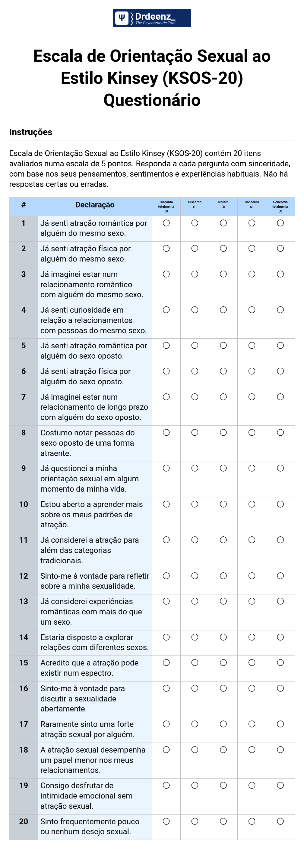 Escala de Orientação Sexual ao Estilo Kinsey (KSOS-20) Questionário em PDF