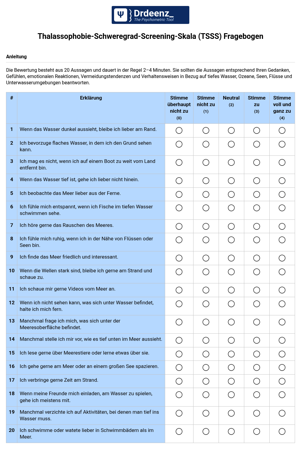 Thalassophobie-Schweregrad-Screening-Skala (TSSS) Fragebogen (PDF)