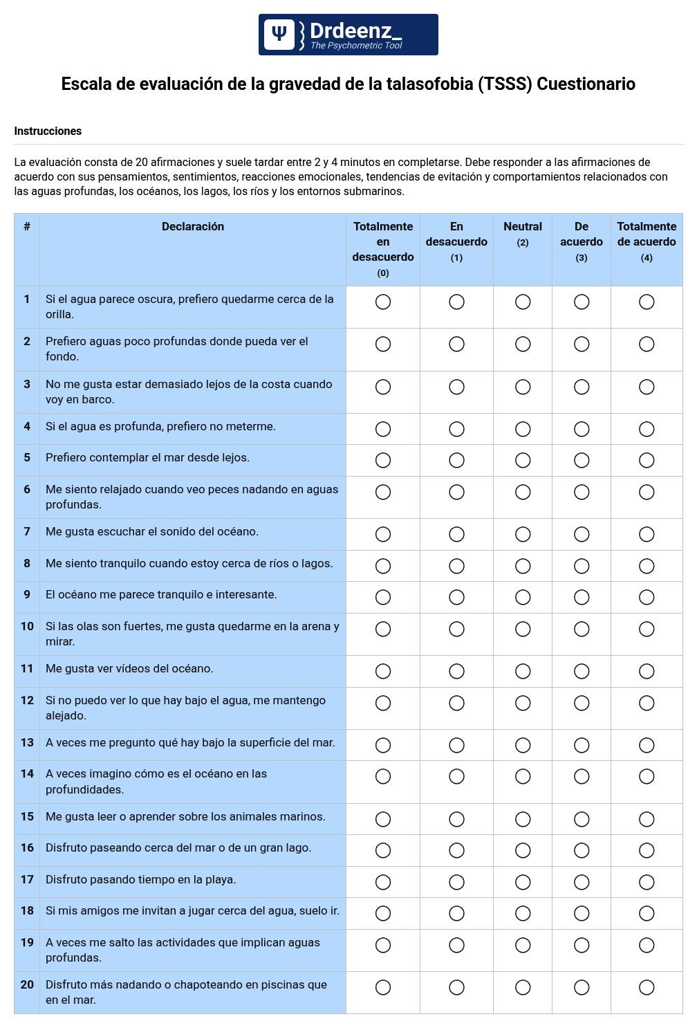Escala de evaluación de la gravedad de la talasofobia (TSSS) Cuestionario en PDF