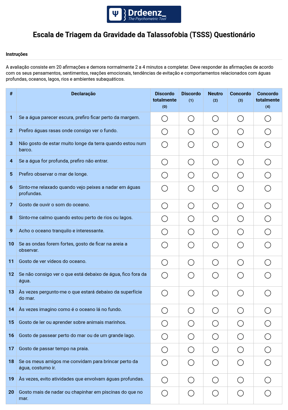 Escala de Triagem da Gravidade da Talassofobia (TSSS) Questionário em PDF
