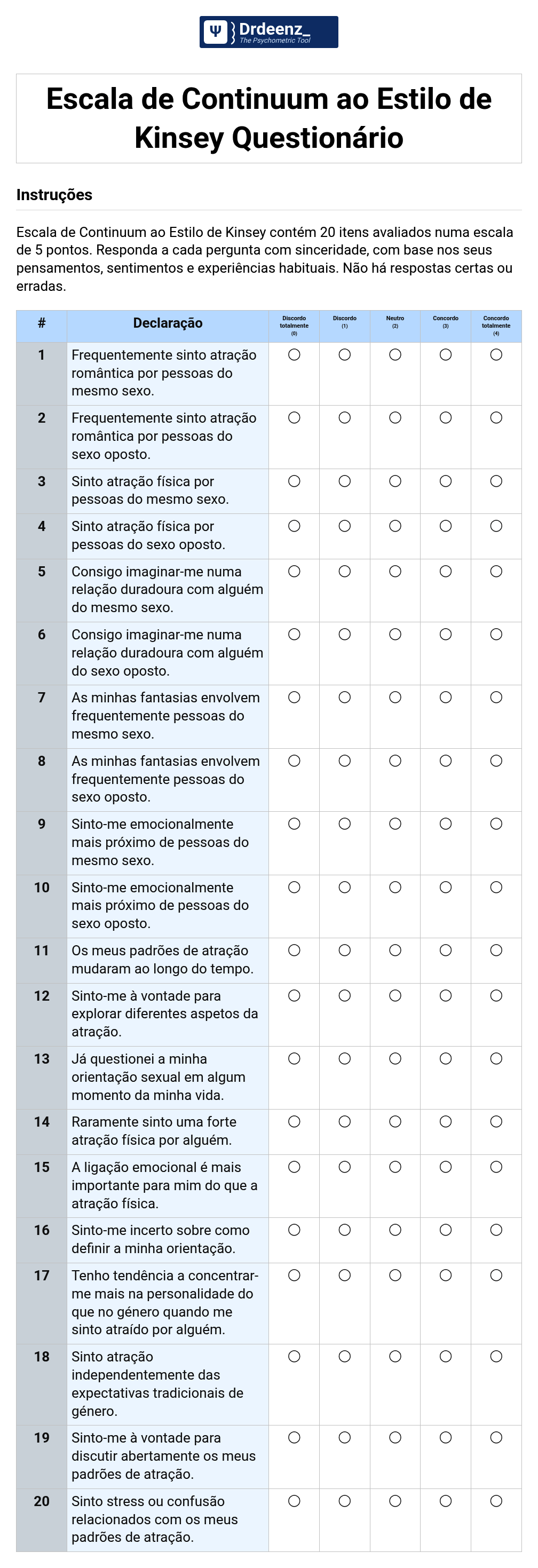 Escala de Continuum ao Estilo de Kinsey Questionário em PDF