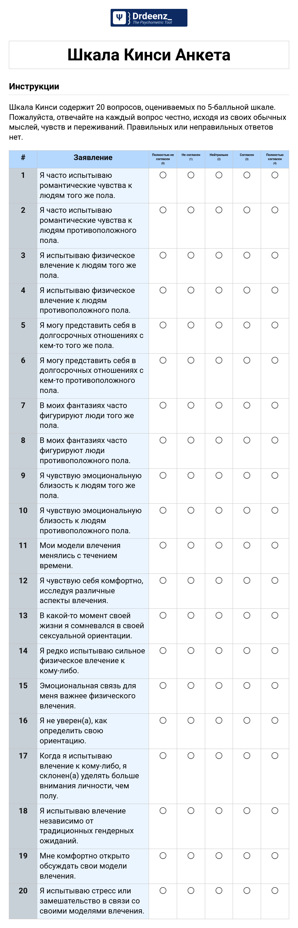Шкала Кинси Анкета в формате PDF