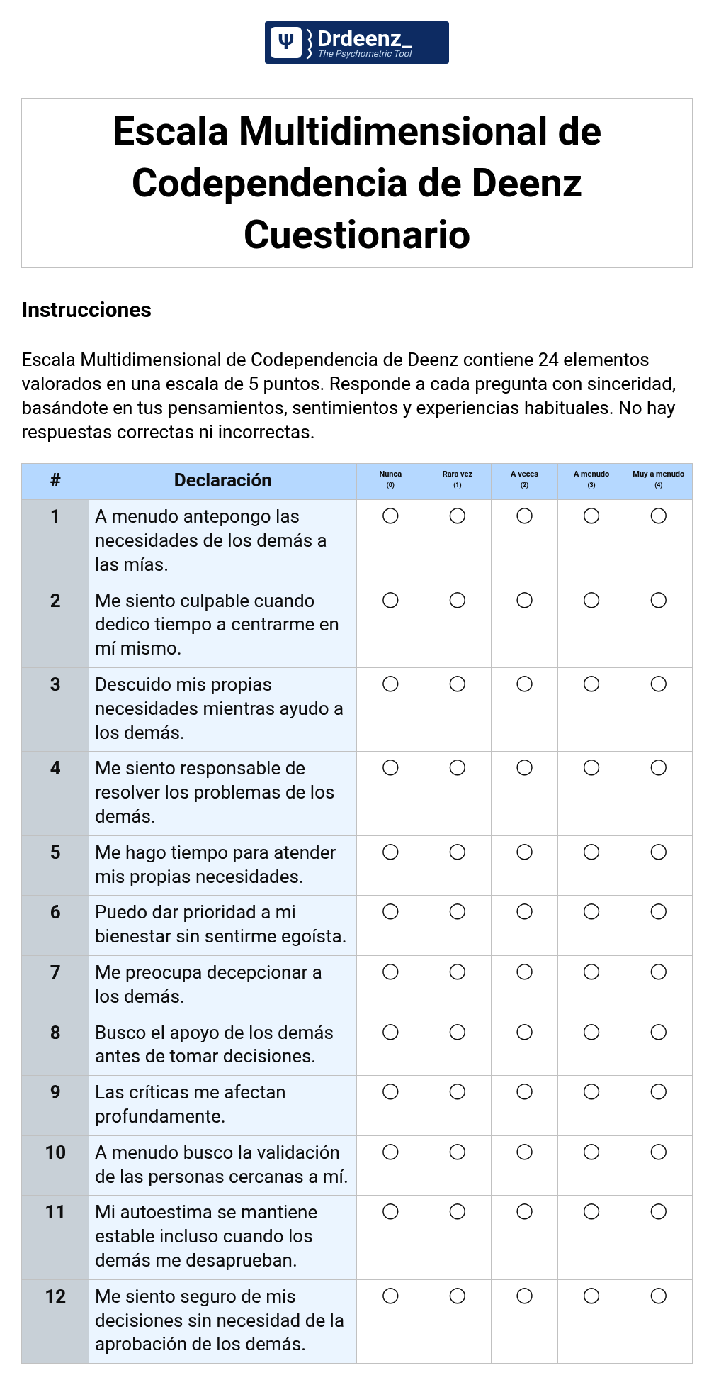 Escala Multidimensional de Codependencia de Deenz Cuestionario en PDF