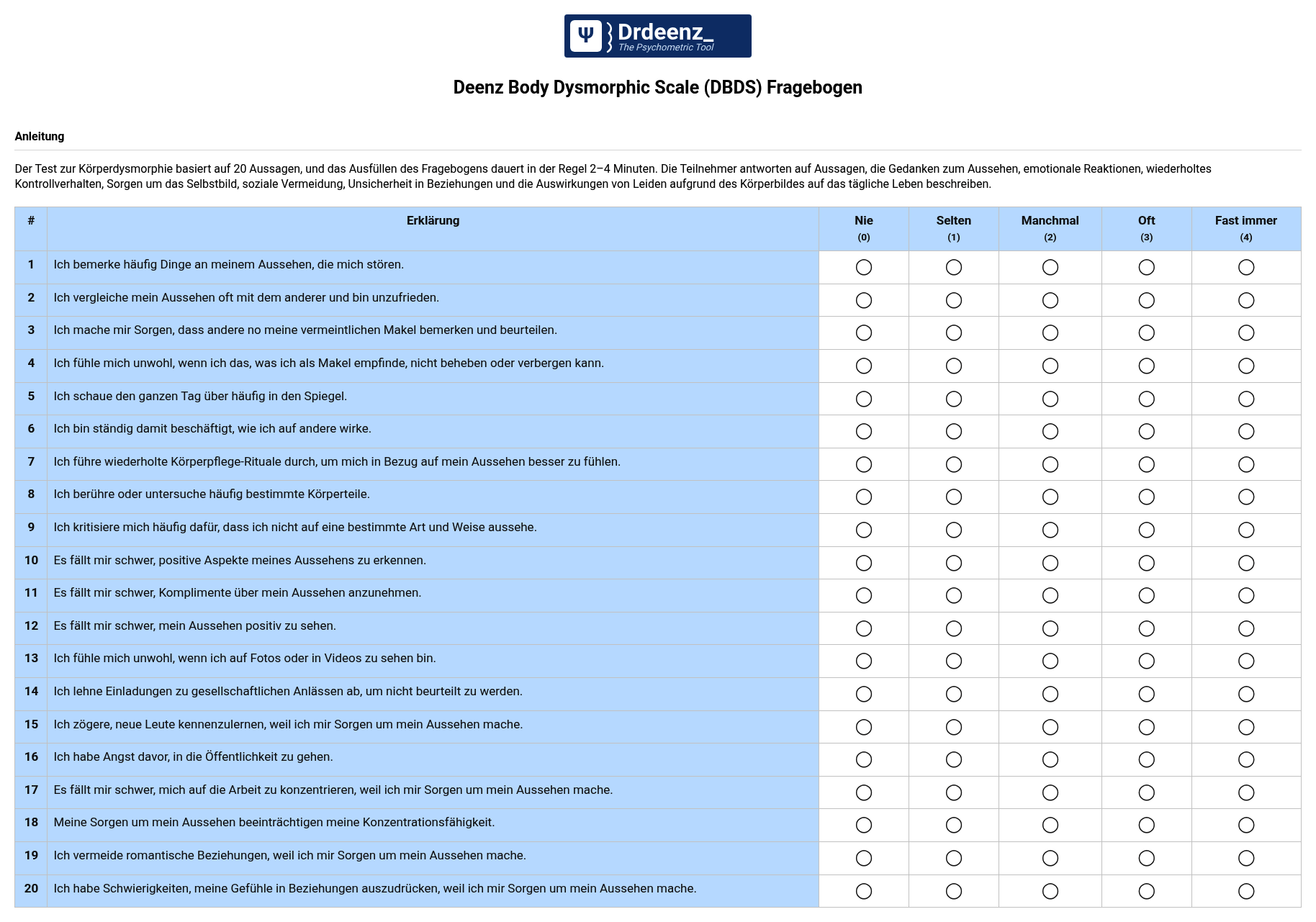 Deenz Body Dysmorphic Scale (DBDS) Fragebogen (PDF)