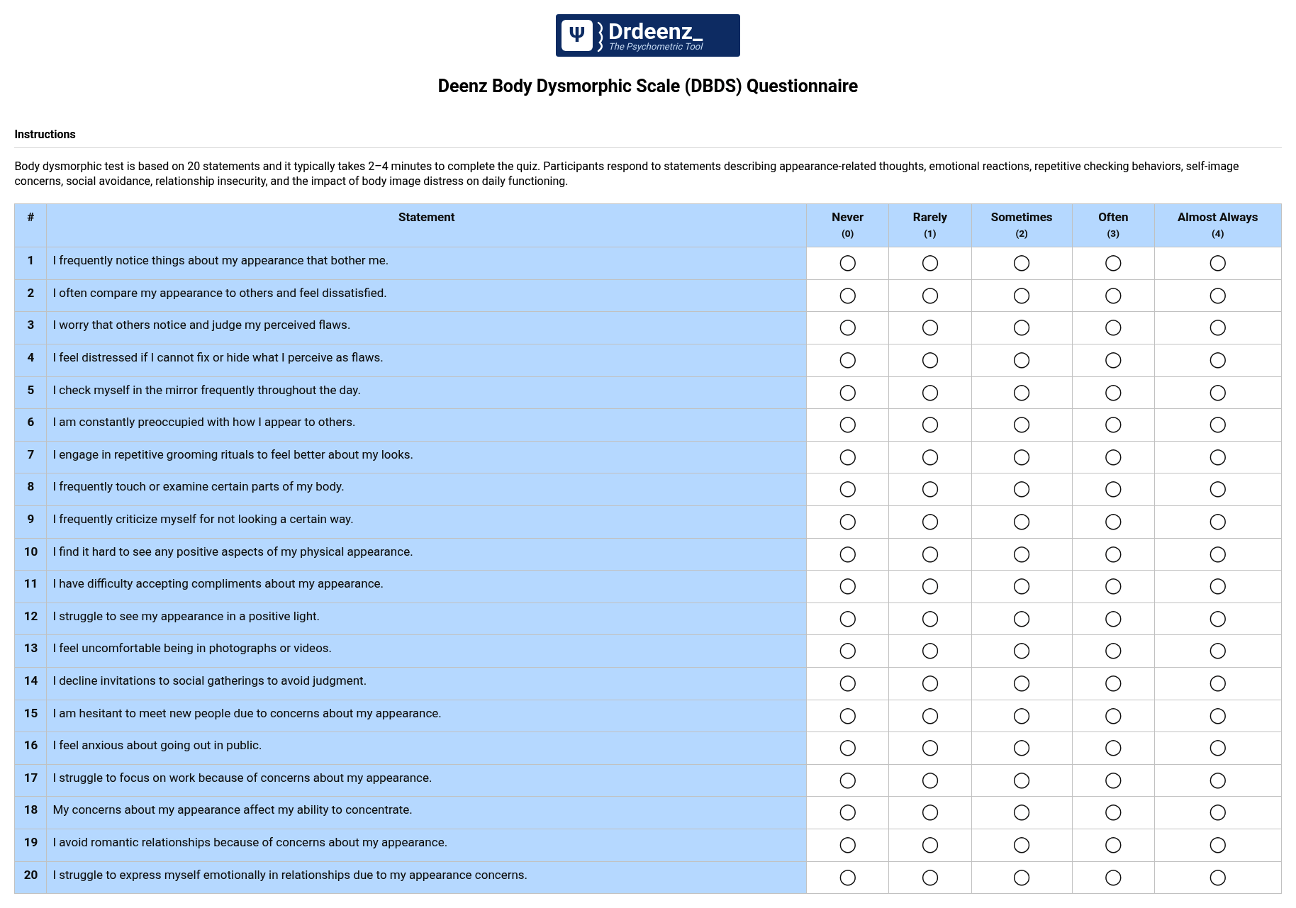 Deenz Body Dysmorphic Scale (DBDS) Questionnaire PDF